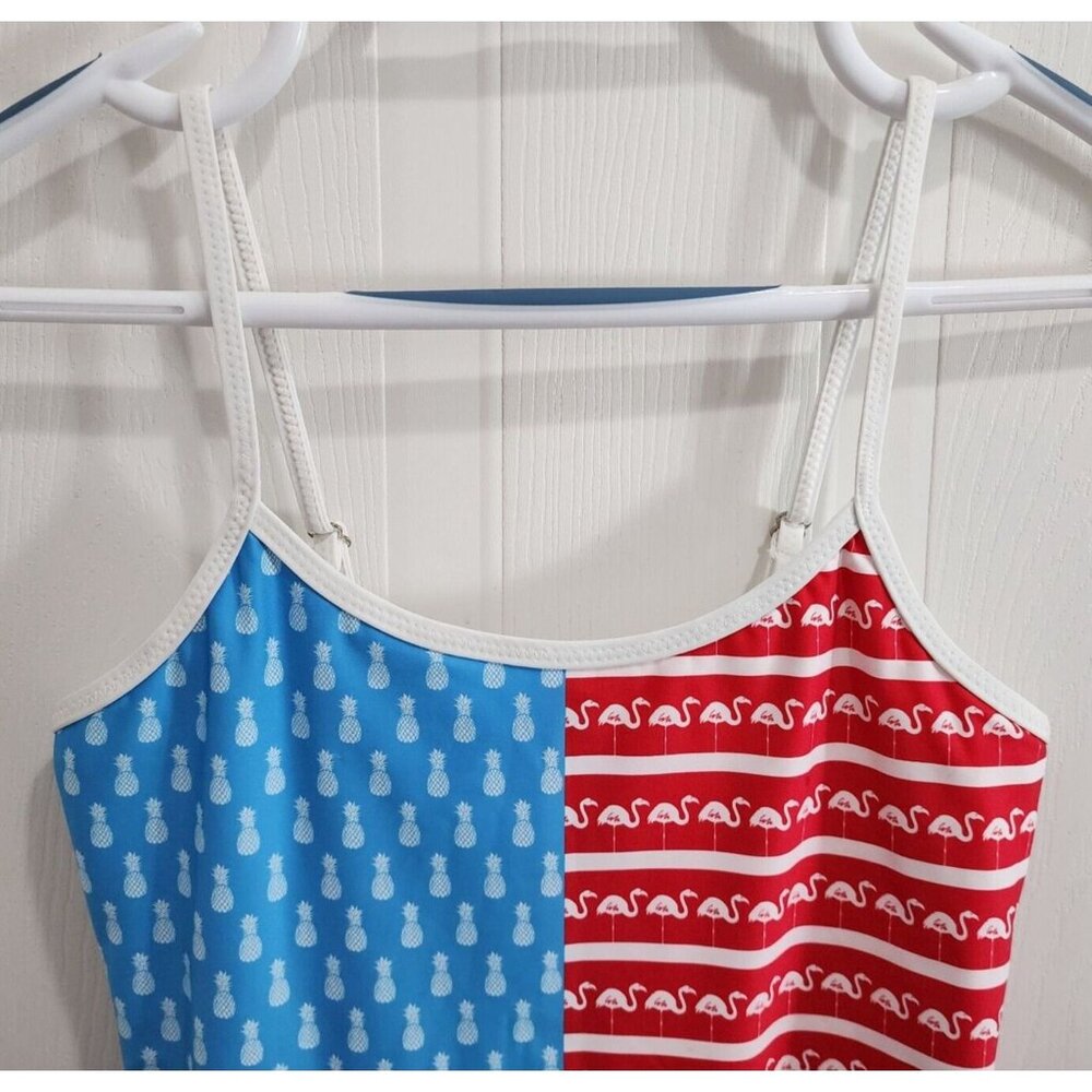 Chubbies Women's One Piece High Cut Swimsuit Red White Blue Pineapple Flamingo M - Picture 2 of 13